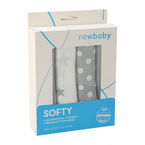 Pamut tetra pelenka New Baby Softy nyomtatott mintával  70 x 70 cm 4 db fehér-szürke