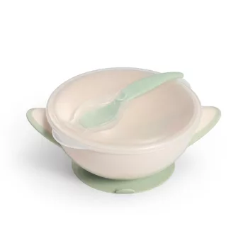   BabyOno tányér - tapadó aljú, fedeles, kanállal krém/zöld 1063/07