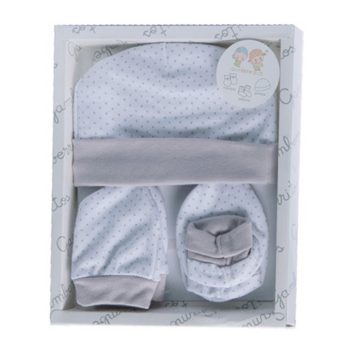   Gamberritos kiegészítő szett újszülötteknek 3 részes (sapka, kesztyű, kiscipő) pöttyös szürke 9723