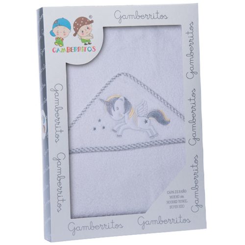 Gamberritos kapucnis fürdőlepedő 100 x 100 cm - unikornis fehér-szürke