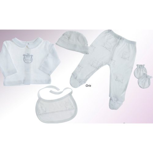 Gamberritos kiegészítő szett újszülötteknek 5 részes (sapka, kesztyű, nadrág, póló, előke) szürke 10911