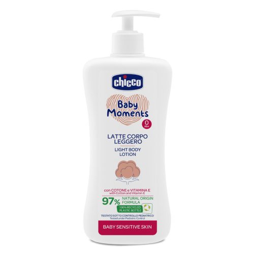 Chicco Testápoló tej Light 500 ml - sensitive Baby Moments gyapotmagolaj és E-vitamin, érzékeny bőrre